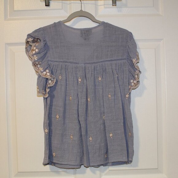 Liv Los Angeles boho blue embroidered v-neck tie closure flutter sleeve‎ top S - Picture 4 of 5